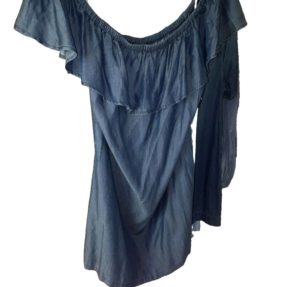 Tommy Bahama Blue Solid Chambray Off Shoulder Ruffle Shift Knee Dress XL - Picture 4 of 5